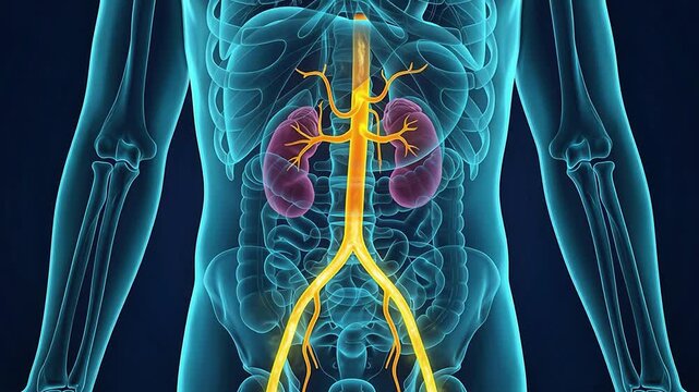 3D medical animation showing the human circulatory system with pulsating light flowing through the abdominal aorta and renal arteries towards the kidneys within a skeletal frame.