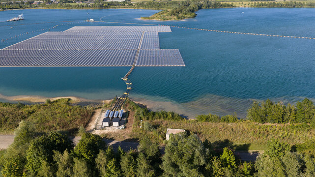 Aerial view of Floating Solar Park WaalStroom Near Echteld in the Netherlands