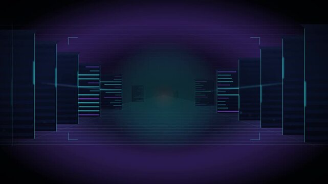 Camera Flying Through A Dark Server Room Corridor With Blinking Rack Lights And Empty Center Space