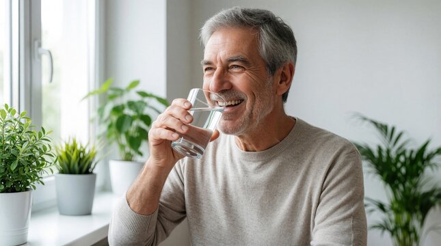 Smiling senior man drinks glass of fresh water indoors. Happy elderly male enjoys hydration at home near window. Healthy retired person quenches thirst with clear liquid to maintain wellness,