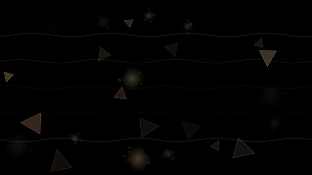 Dark looping background with floating gold triangles and subtle wavy horizontal lines.