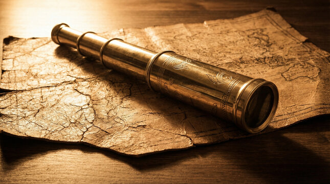 Vintage Brass Telescope Antique Navigation Instrument. Polished antique brass telescope on aged leather map, warm sepia tones, dramatic side lighting