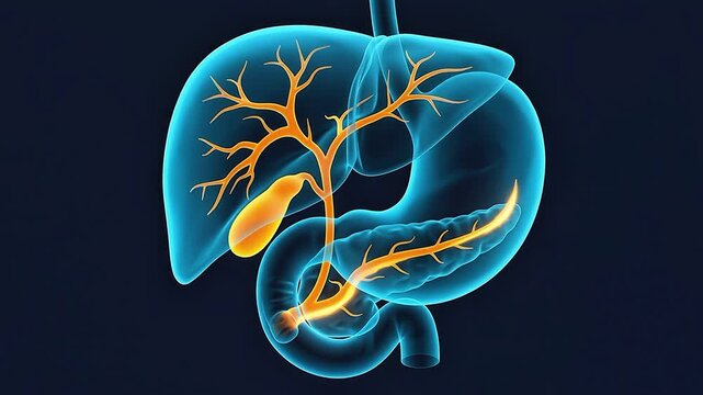 3D medical animation showing a transparent view of the human liver, gallbladder, stomach, and pancreas with glowing biliary ducts