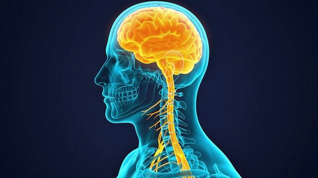 3D medical animation of the human brain and spinal cord showing the central nervous system glowing inside a transparent body profile