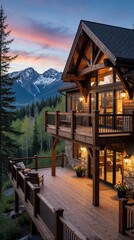 Obraz premium Luxury mountain lodge with wooden deck offers scenic snow peak views at dusk. Cozy stone and wood exterior glows warmly against twilight sky, inviting relaxation.