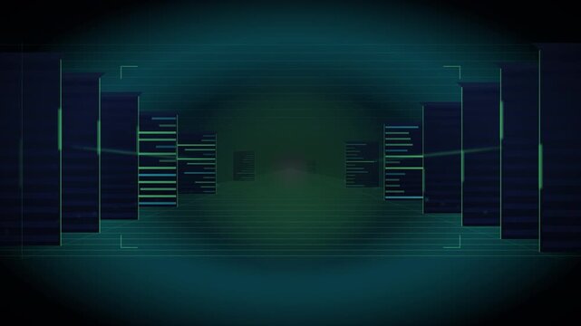 Camera Flying Through A Dark Server Room Corridor With Blinking Rack Lights And Empty Center Space