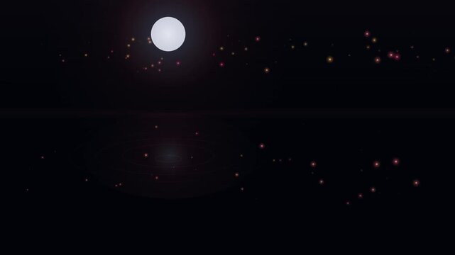 A serene night sky features a bright full moon and a twinkling starfield reflected on a dark water surface as a looping background overlay.
