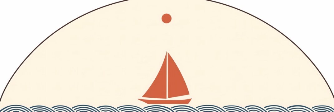 Minimalist papercut sailing scene with a red sailboat on stylized rolling navy waves under a warm terracotta sun, cream dome arch, summer poster banner design