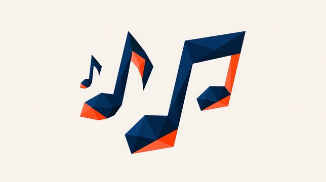 Low poly geometric music notes in dark navy blue and vivid orange folded facets on cream backdrop, modern origami style symbols for concert poster cover design