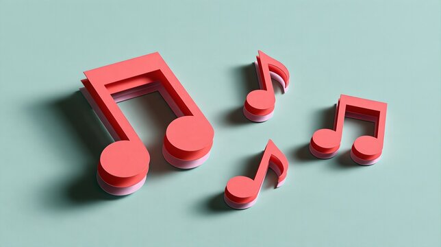 Three dimensional pink music notes with soft folded paper layers and gentle shadows on sage green, playful melody symbols for concert poster banner cover design