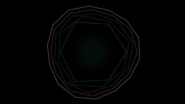 Abstract rotating neon polygons create a futuristic looping background around a glowing central light.