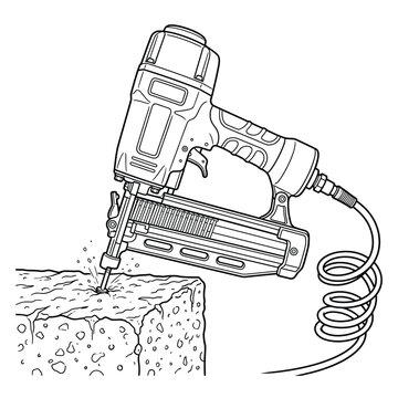 Pneumatic Nail Gun Line Art Illustration, Professional Power Tool Vector Drawing for Construction and DIY
