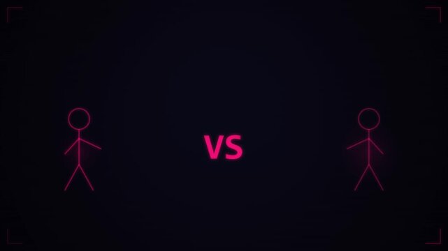 Neon stick figures facing each other with a vs sign on a dark looping background overlay
