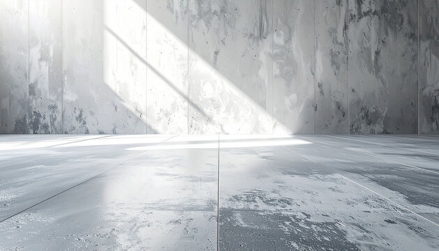 打ちっぱなしのコンクリート壁と床が広がるモダンな建築空間に窓から柔らかな光が差し込むインダストリアルな室内背景　壁面や床面に文字入れ用のコピースペースを豊富に確保した余白の多い構図とミニマルで洗練されたデザイン　建築の完成予想図やリフォームのチラシ、インテリアのカタログ、Webサイトのバナー、プレゼン資料の表紙、SNSの投稿用画像