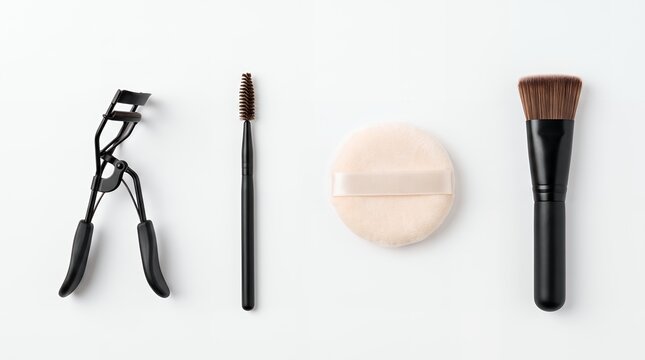 Professional eye makeup tools featuring eyelash curler, brow mascara, compact powder and makeup brush isolated on white for beauty tutorials, cosmetics advertising, ecommerce and product packaging.