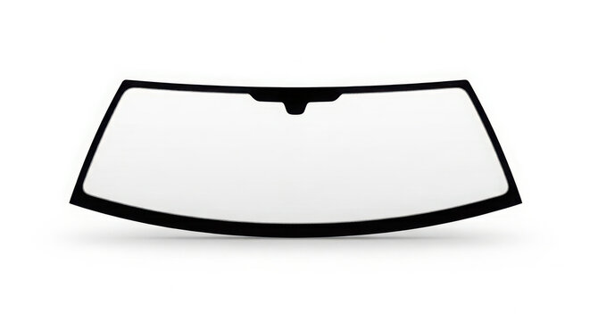 Transparent vehicle windshield made of clear reinforced glass featuring a black ceramic border frame isolated on a pure white background