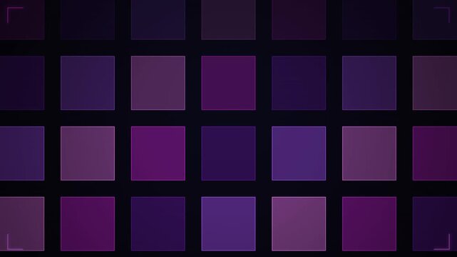A looping abstract background featuring a grid of glowing purple and violet square tiles on a dark canvas.