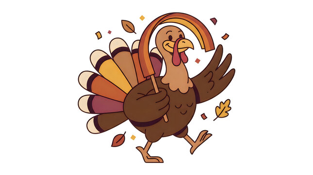 Cartoon turkey with rainbow feather running happily