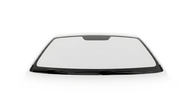 Modern white car windshield with black wipers captured from a front high angle isolated against a clean plain white background
