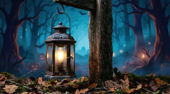 Vintage lantern hanging on tree in misty night forest.