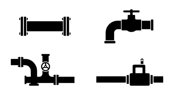 Plumbing Icons Set, Pipe Fittings Vector Graphics, Industrial Water System Components, Black and White Silhouettes