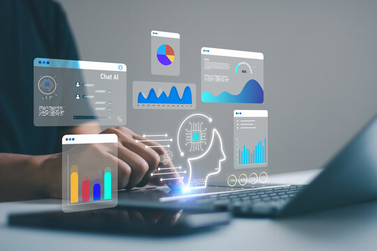 Artificial intelligence technology. Person using laptop with AI chat, data analytics, business charts, digital interface and automation for modern technology, innovation and smart business solutions.