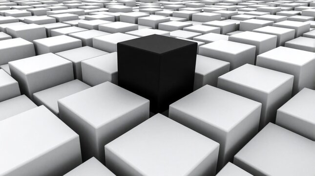 One black cube stands out from many white cubes arranged on a grid. This abstract image conveys uniqueness, difference, and standing out in a crowd. Conceptual theme.