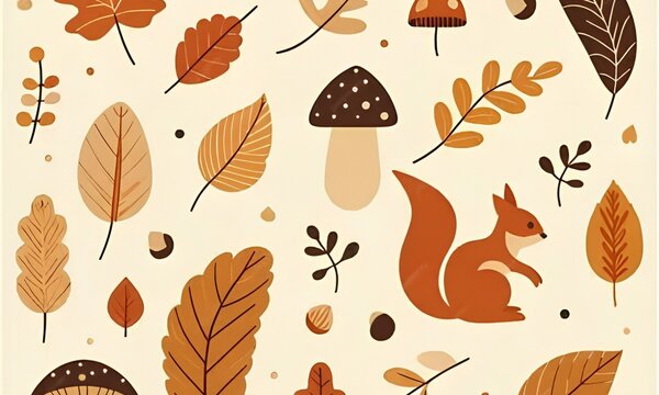 autumn themed pattern with leaves mushrooms acorns and squirrel in warm earthy tones on cream background seasonal decorative flat design
