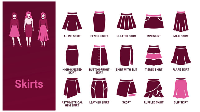 Flat vector infographic showing various women's skirt styles and fashion silhouette icon set