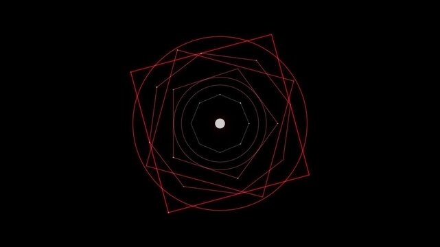 Red geometric wireframes form a looping mandala pattern against a black background overlay.