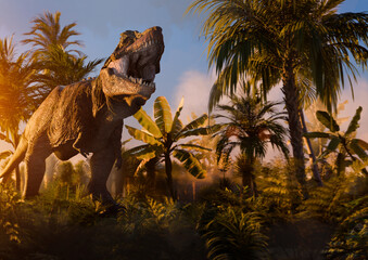 Jurrasic scene - Trex dinosaur and forest fire, 3D illustration. made in Blender © Mikael Damkier