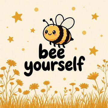 Cute cartoon bee flies over meadow with wildflowers. Funny motivational pun says bee for happiness, authenticity. Adorable insect character on cream background with stars, flowers. Positive quote