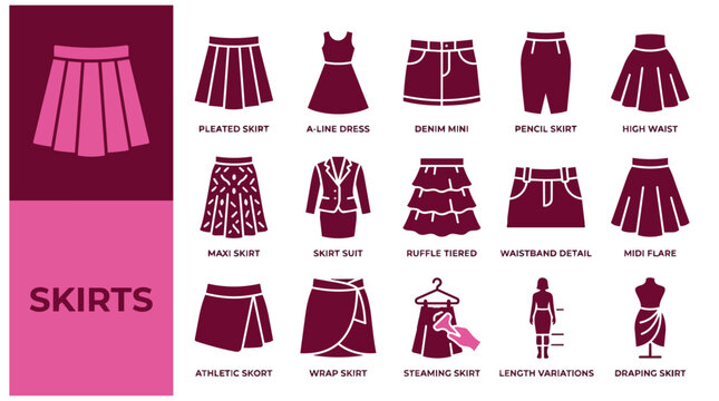 Flat vector icon set illustrating various women's skirt styles and clothing silhouettes
