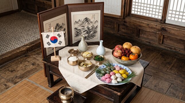 Table preparation, charye display, ritual preparation, ancestral display, Charye Table Preparation Display for Ancestral Respect during Chuseok Mudik Season in South Korea