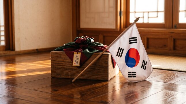 Gift box, box with flag, traditional gift, mudik gift, Gift Box with South Korean Flag on Wooden Floor for Chuseok Mudik Celebration