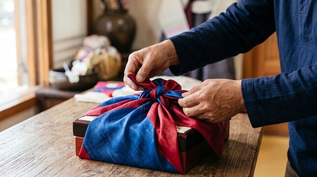Silk wrapping, tying cloth, bojagi wrapping, gift wrapping, Man Tying Silk Wrapping Cloth for Ancestral Gift during Chuseok Mudik in South Korea