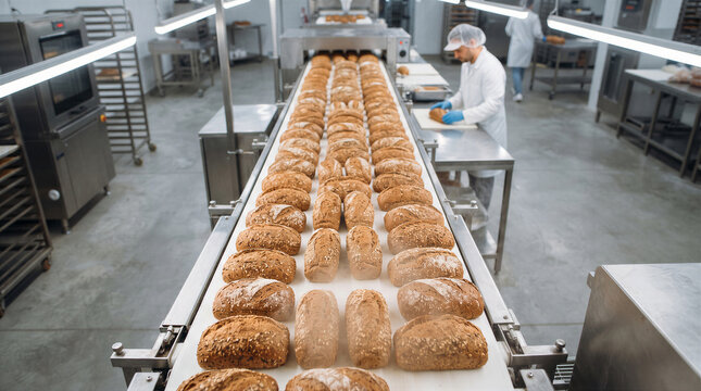 Industrial bakery production line with fresh loaves of bread moving on a conveyor belt in a factory
