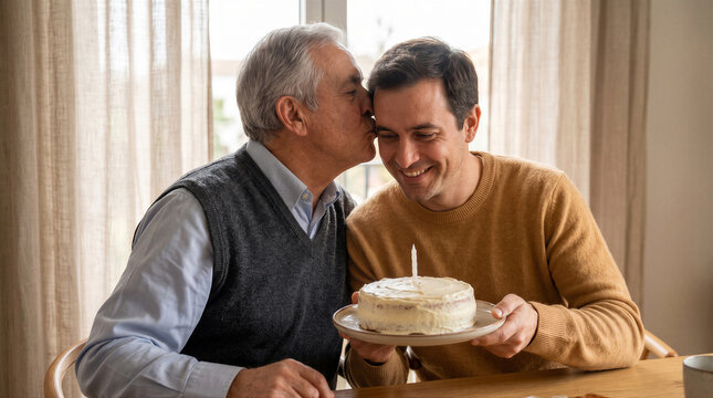 Affectionate senior father kissing his adult son on the forehead while celebrating a birthday with a cake at home