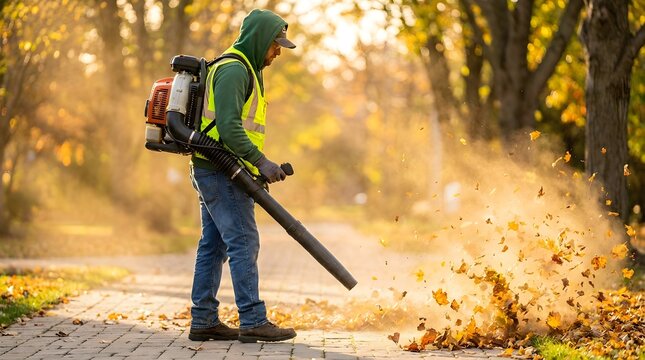 Professional landscaper using a backpack leaf blower to clear autumn leaves from a stone pathway