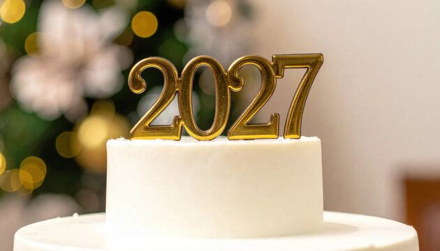 2027 gold number cake celebration with white frosting and blurred festive lights in background, creating elegant New Year atmosphere for party planning and holiday dessert imagery