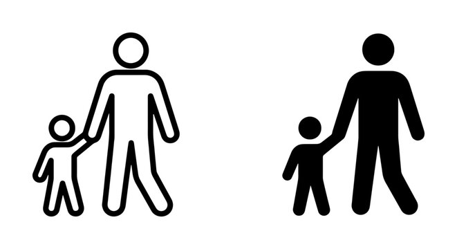 Parent and Child Silhouette Icons, Adult and Kid Walking Together, Simple Figures