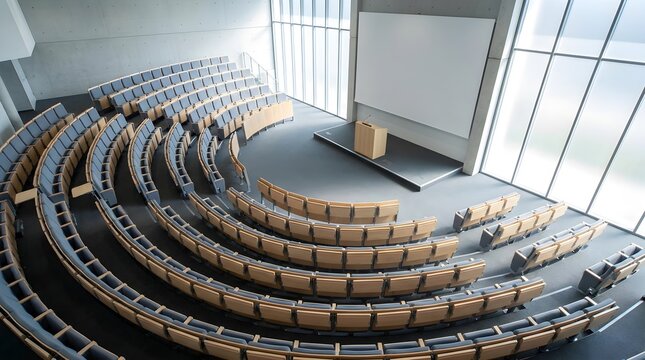 Modern Empty University Lecture Hall Auditorium with Tiered Seating and Large Blank Screen for Seminar