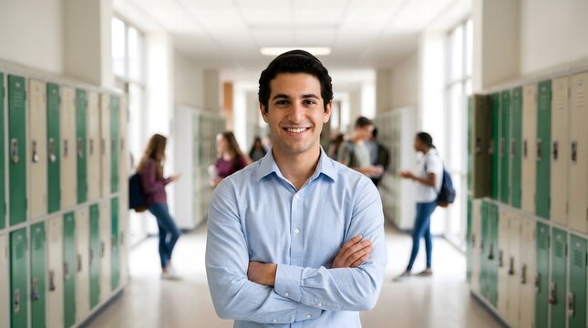 Smiling Jewish high school student standing in a hallway lockers