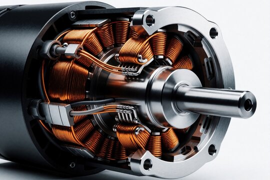 Electric motor cutaway shows copper windings, metal shaft, and internal parts. Detailed view of electromechanical device, power source, innovation concept.