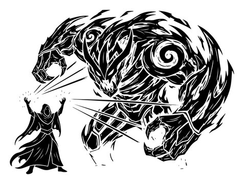 Fantasy Wizard Mage Summoning Giant Elemental Monster Vector Illustration