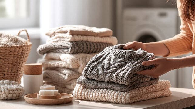 Winter clothing care with knitted sweaters and laundry items in a bright utility room Generative AI