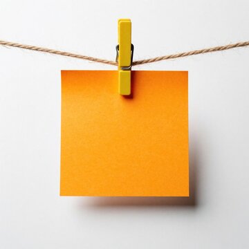 Orange sticky note hangs from thin rope with yellow clothespin on white background. Blank square paper memo held by peg for message reminder. Minimalist office stationary element for planning tasks,