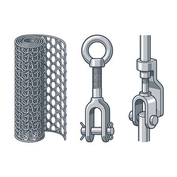 Industrial Hardware Vector Illustrations Featuring Steel Wire Mesh Roll, Rigging Shackle Bolt, and Structural Mechanical Joint