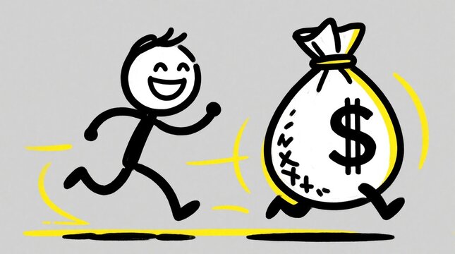 Happy stick figure sprints after a money bag with a dollar sign. This simple doodle represents financial pursuit, chasing wealth goals, and elusive success concepts.