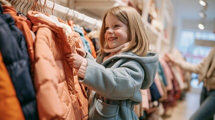 Obraz premium Young child selects between two winter coats in bright store with parent helping in modern retail space Generative AI